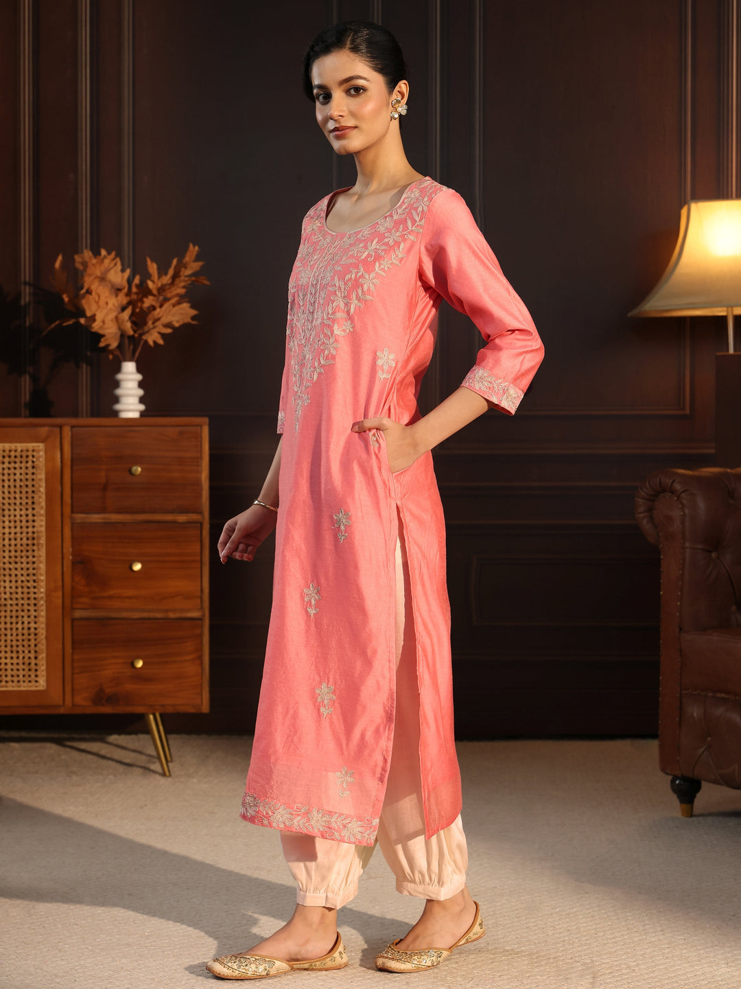 Libas Rose Pink Floral Embroidered Silk Blend Straight Kurta