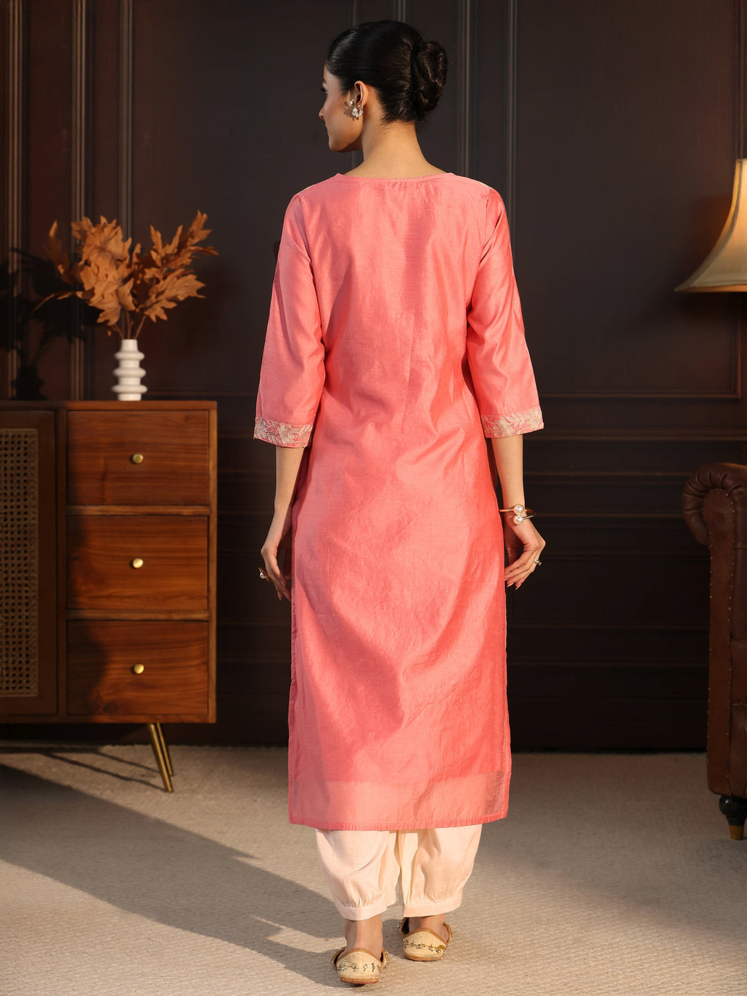 Libas Rose Pink Floral Embroidered Silk Blend Straight Kurta