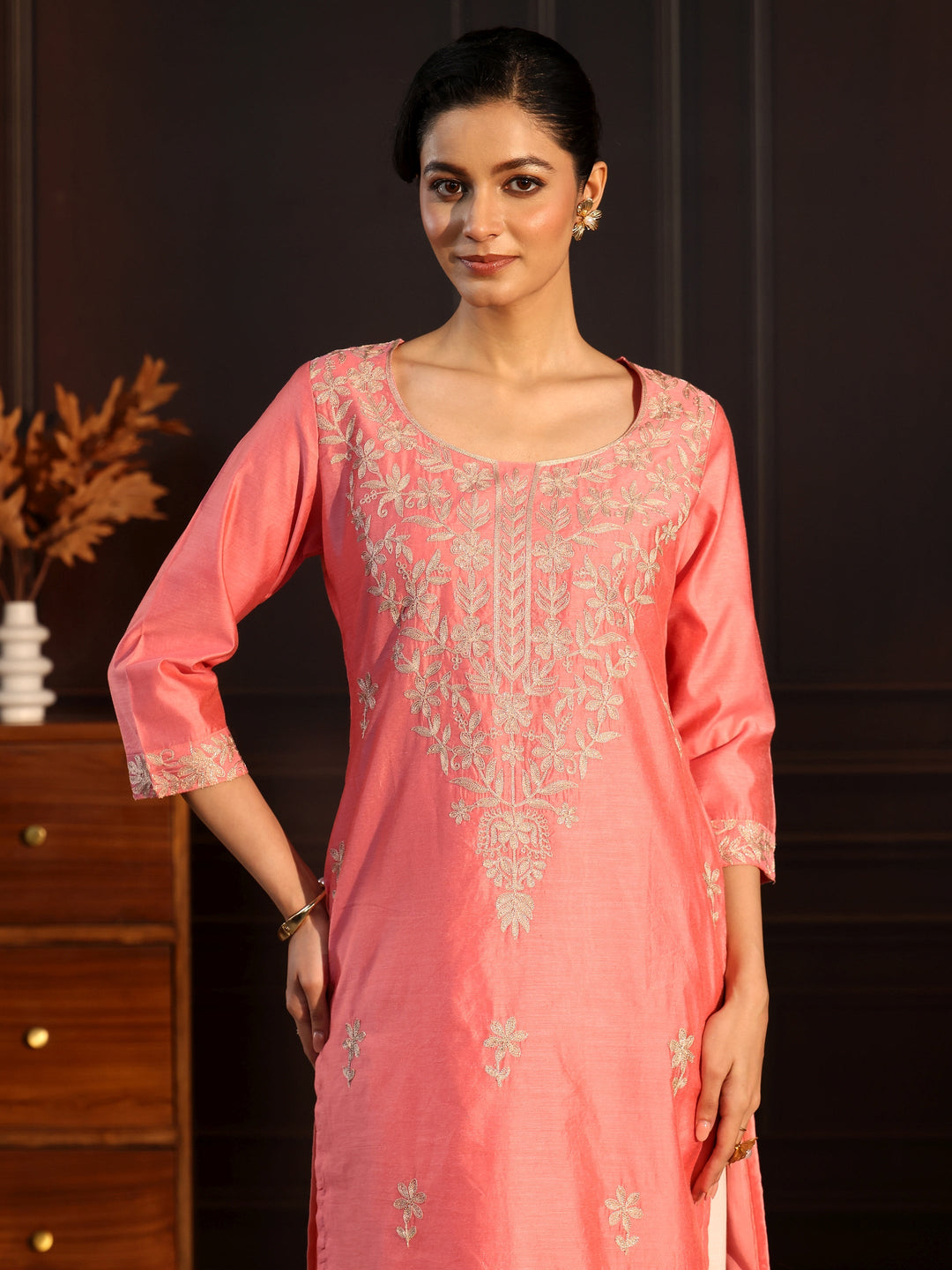 Libas Rose Pink Floral Embroidered Silk Blend Straight Kurta