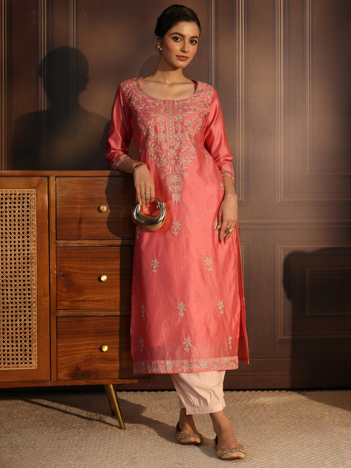 Libas Rose Pink Floral Embroidered Silk Blend Straight Kurta