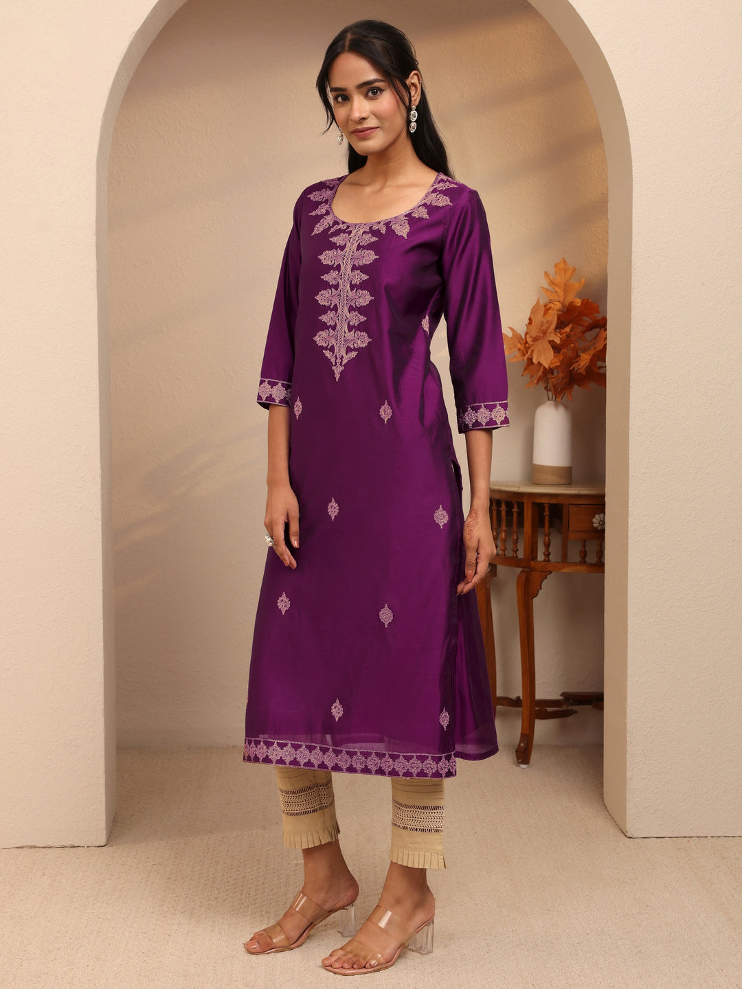 Libas Burgundy Ethnic Embroidered Silk Blend Straight Kurta
