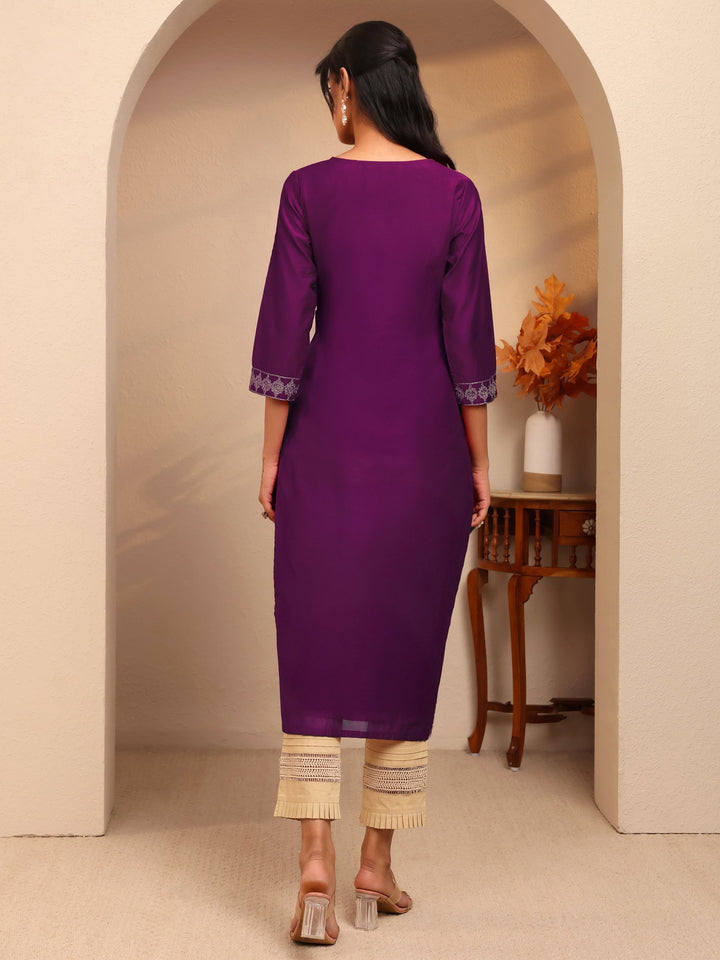Libas Burgundy Ethnic Embroidered Silk Blend Straight Kurta