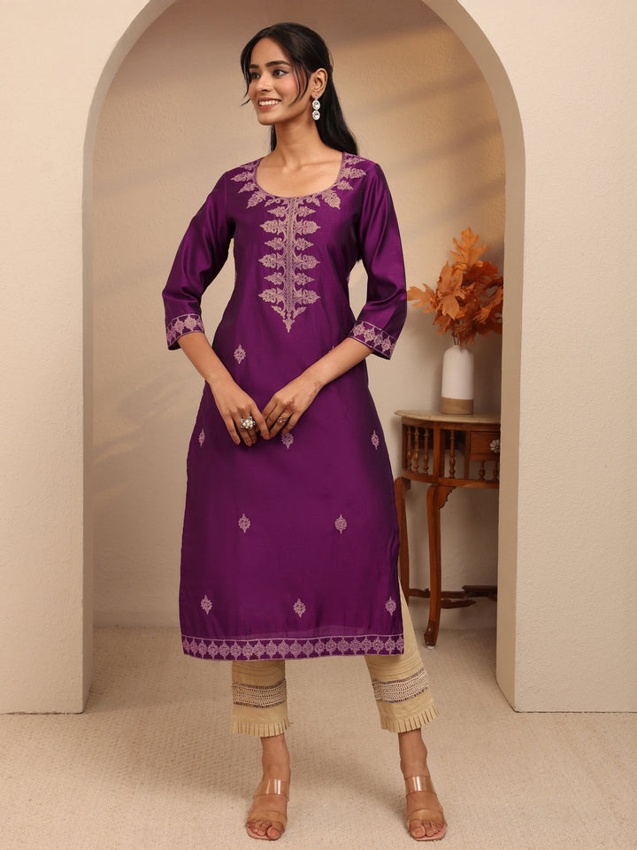 Libas Burgundy Ethnic Embroidered Silk Blend Straight Kurta