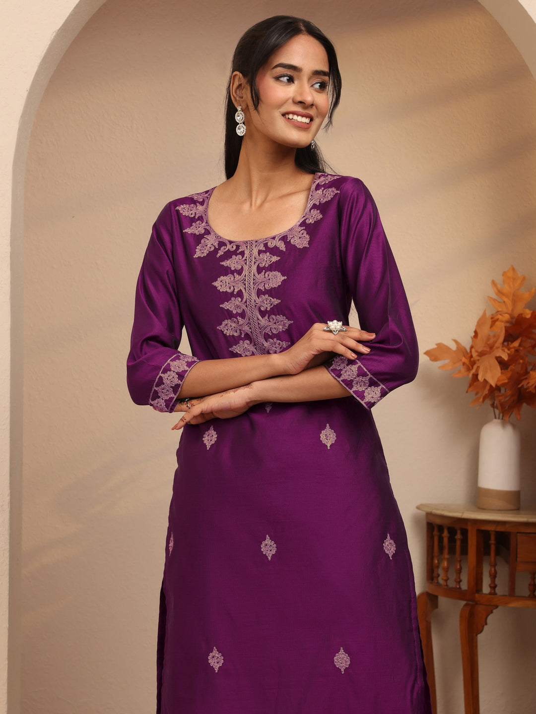 Libas Burgundy Ethnic Embroidered Silk Blend Straight Kurta