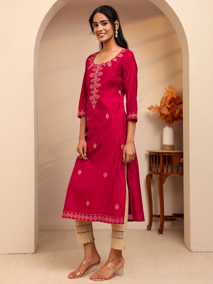 Libas Rani Pink Ethnic Embroidered Silk Blend Straight Kurta