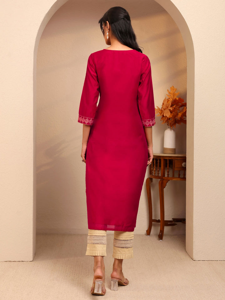 Libas Rani Pink Ethnic Embroidered Silk Blend Straight Kurta