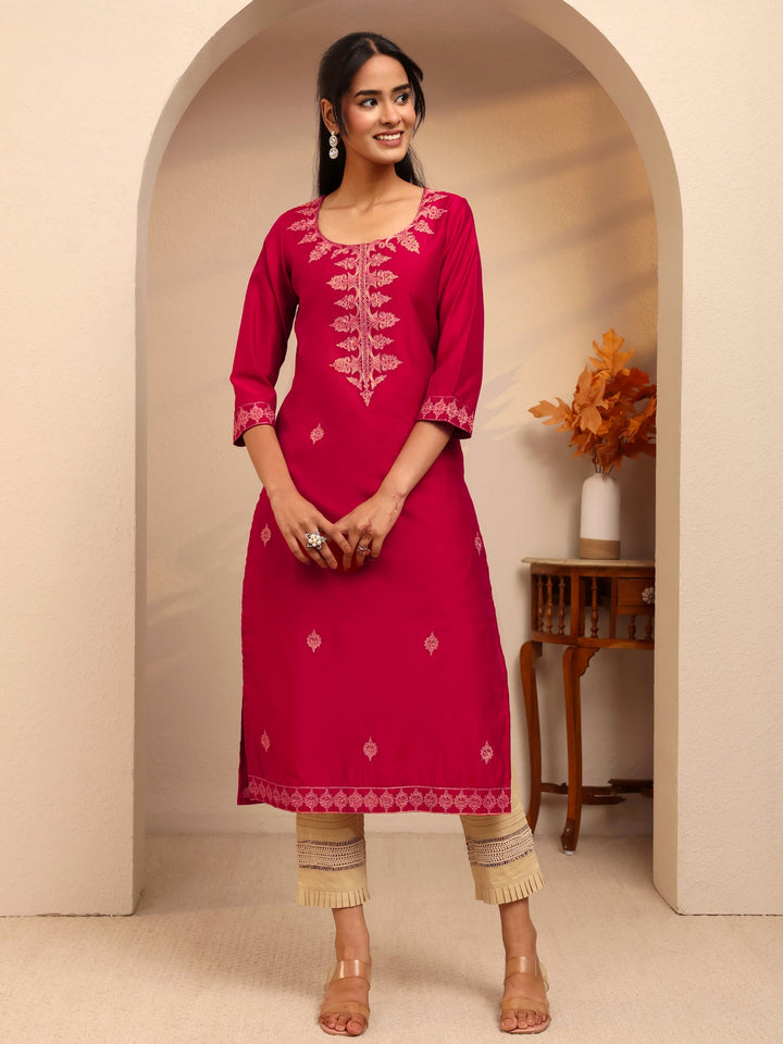 Libas Rani Pink Ethnic Embroidered Silk Blend Straight Kurta