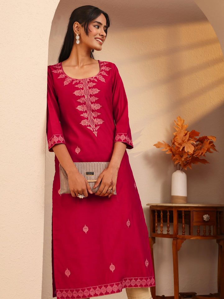 Libas Rani Pink Ethnic Embroidered Silk Blend Straight Kurta
