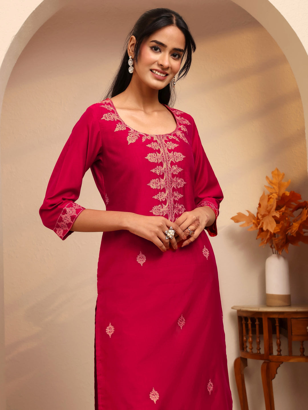 Libas Rani Pink Ethnic Embroidered Silk Blend Straight Kurta