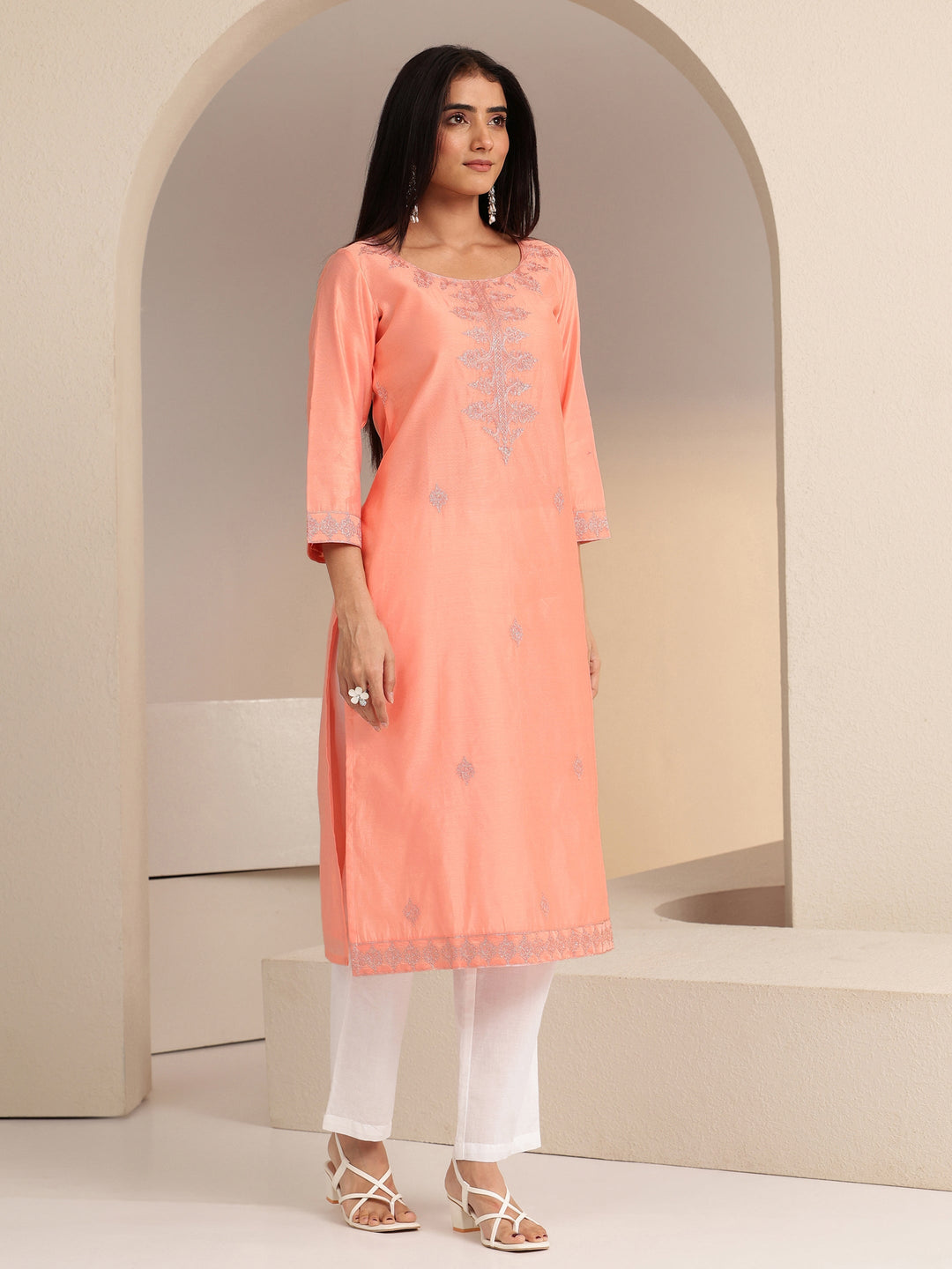 Libas Peach Embroidered Silk Blend Straight Kurta