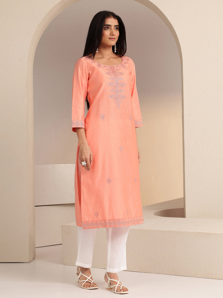 Libas Peach Embroidered Silk Blend Straight Kurta