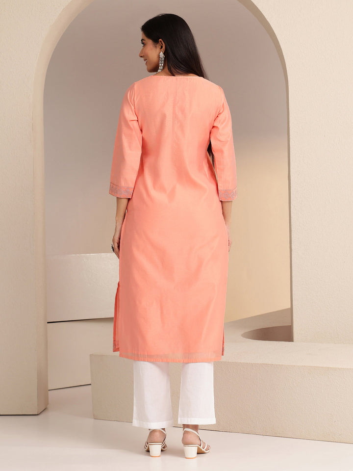 Libas Peach Embroidered Silk Blend Straight Kurta