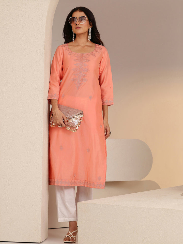 Libas Peach Embroidered Silk Blend Straight Kurta