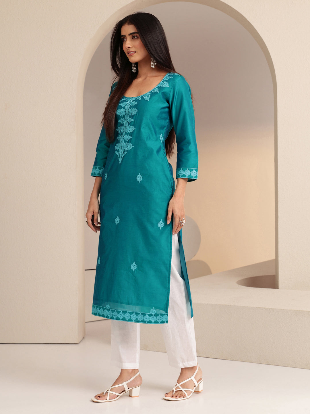 Libas Aqua Blue Embroidered Silk Blend Straight Kurta