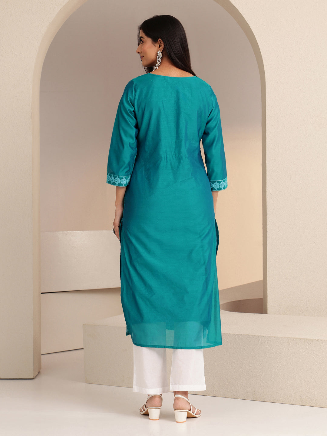 Libas Aqua Blue Embroidered Silk Blend Straight Kurta