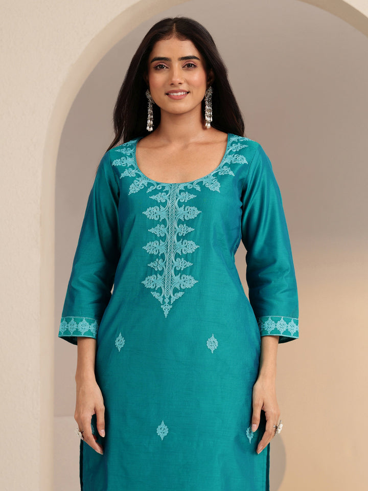 Libas Aqua Blue Embroidered Silk Blend Straight Kurta