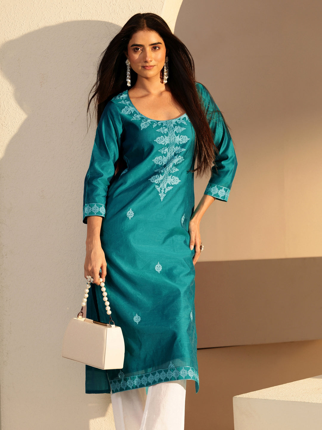 Libas Aqua Blue Embroidered Silk Blend Straight Kurta