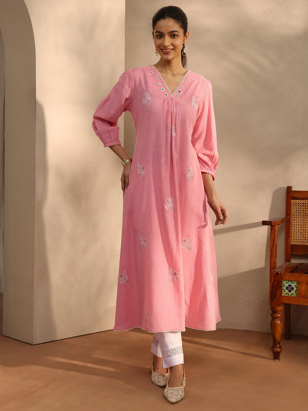 Peach Embroidered Cotton A-Line Kurta