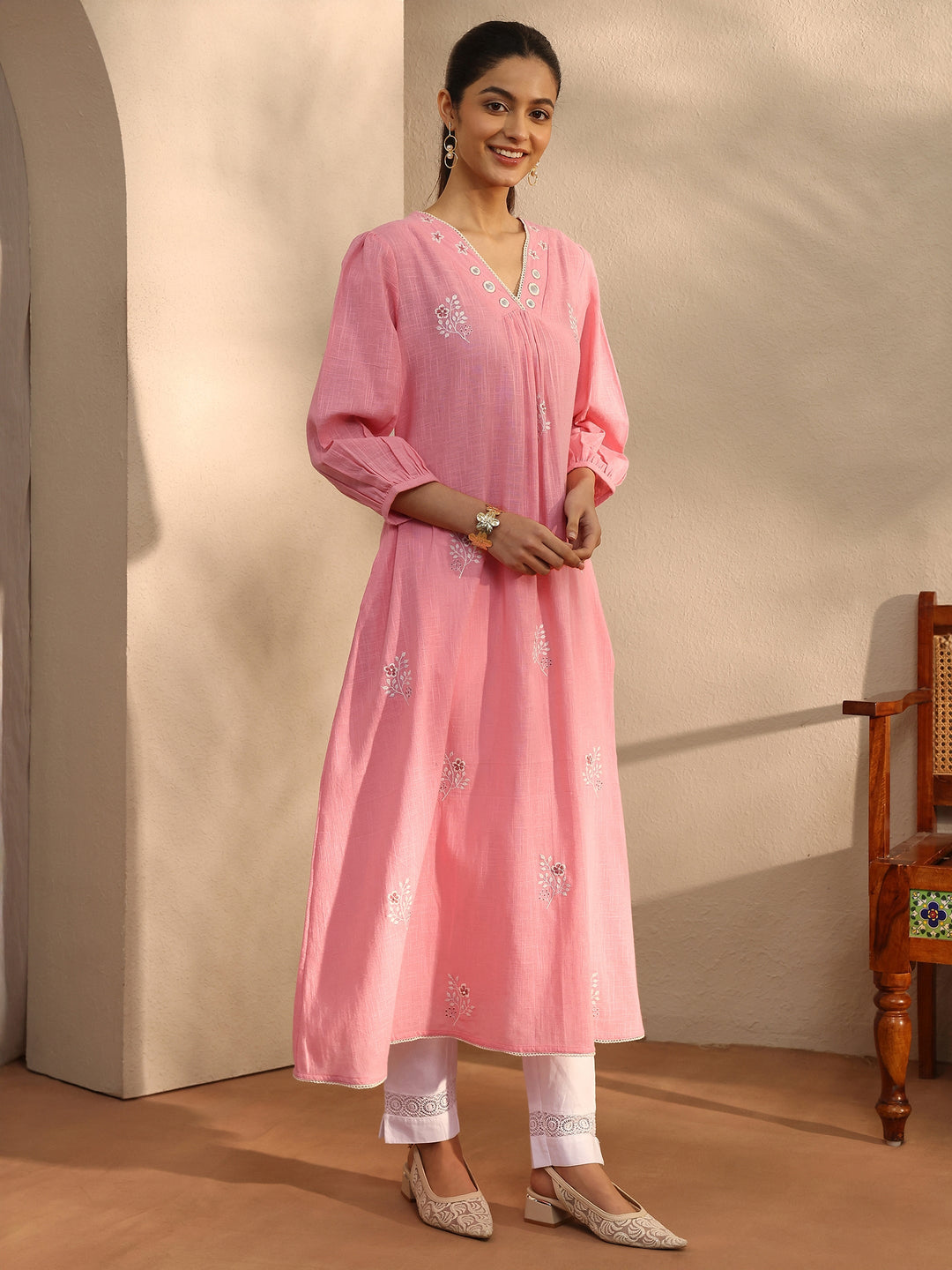 Peach Embroidered Cotton A-Line Kurta