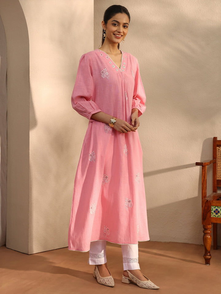 Peach Embroidered Cotton A-Line Kurta