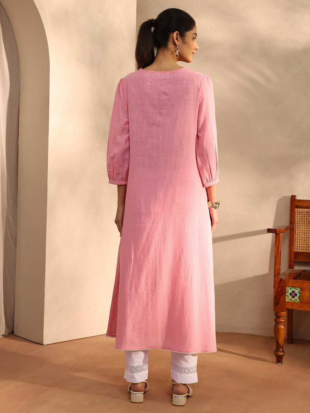 Peach Embroidered Cotton A-Line Kurta