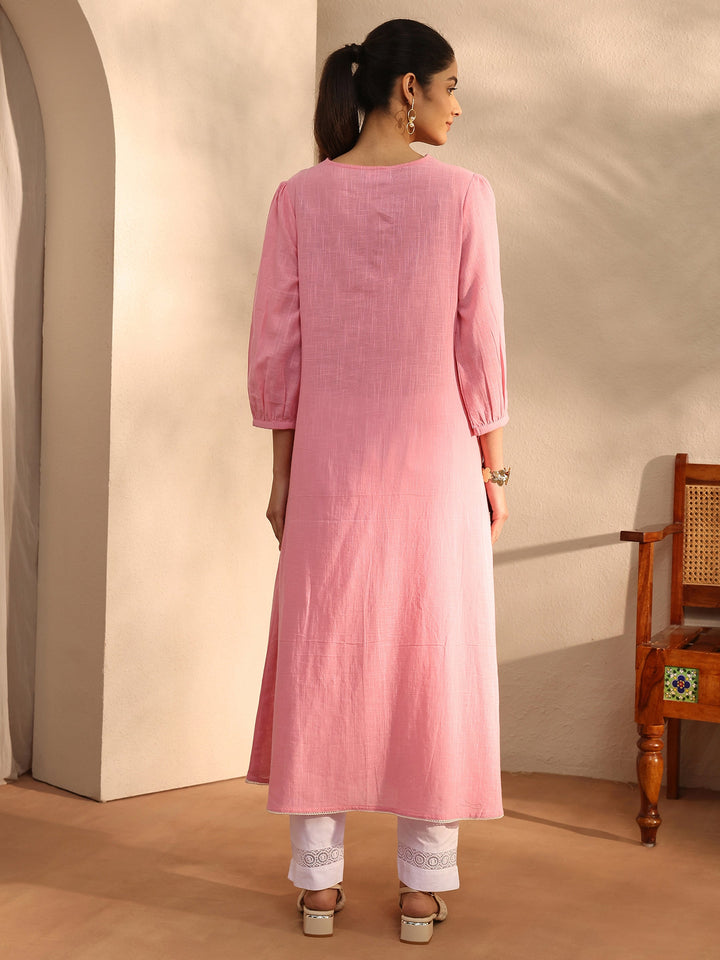 Peach Embroidered Cotton A-Line Kurta