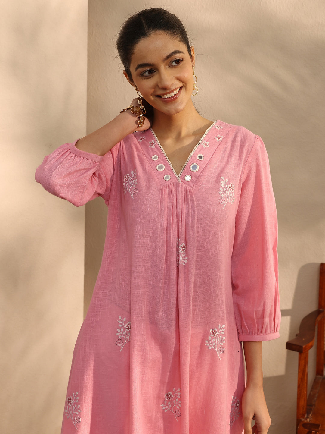 Peach Embroidered Cotton A-Line Kurta