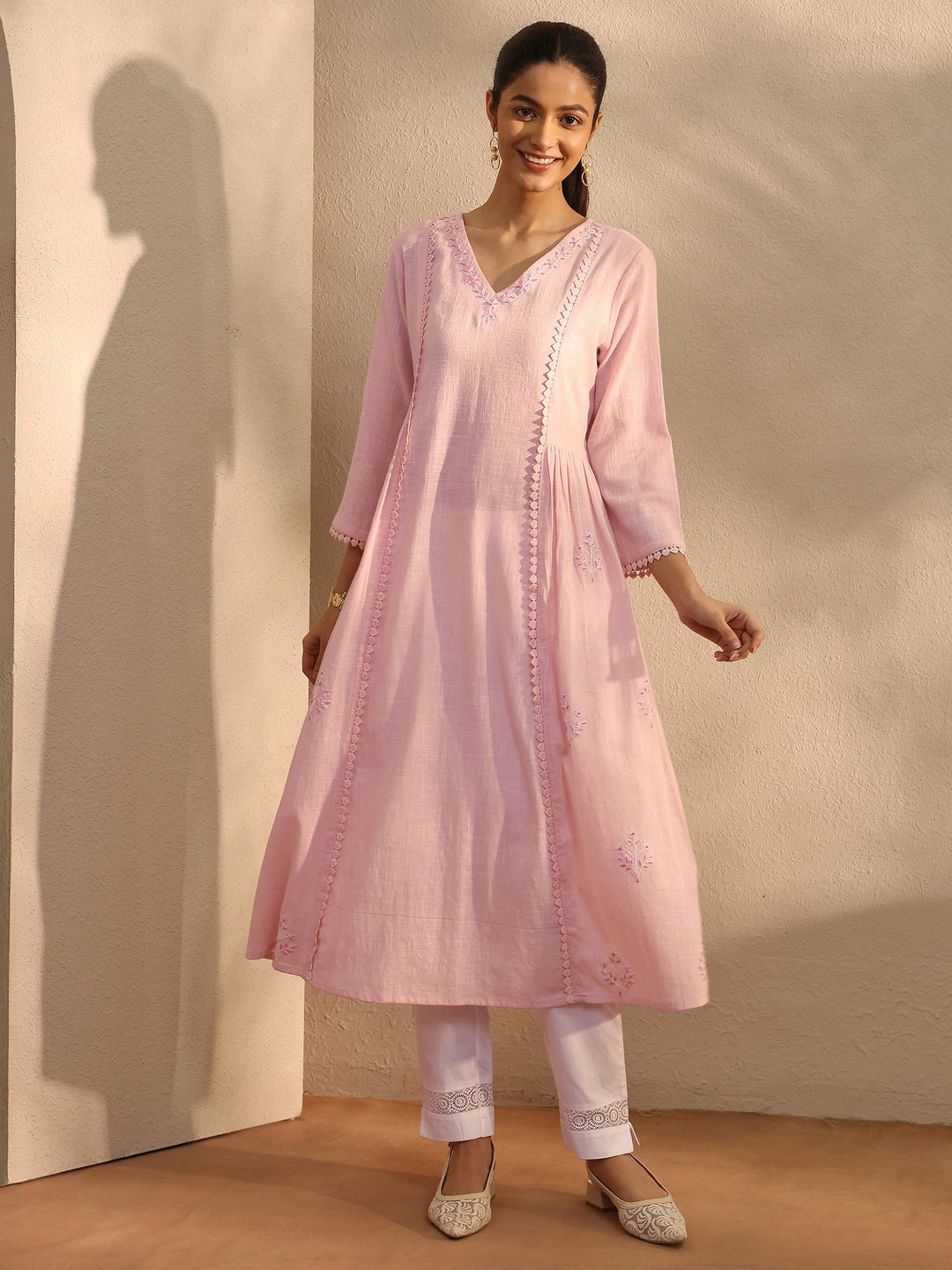 Pink Embroidered Cotton A-Line Kurta