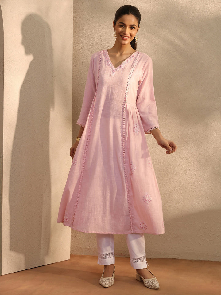 Pink Embroidered Cotton A-Line Kurta