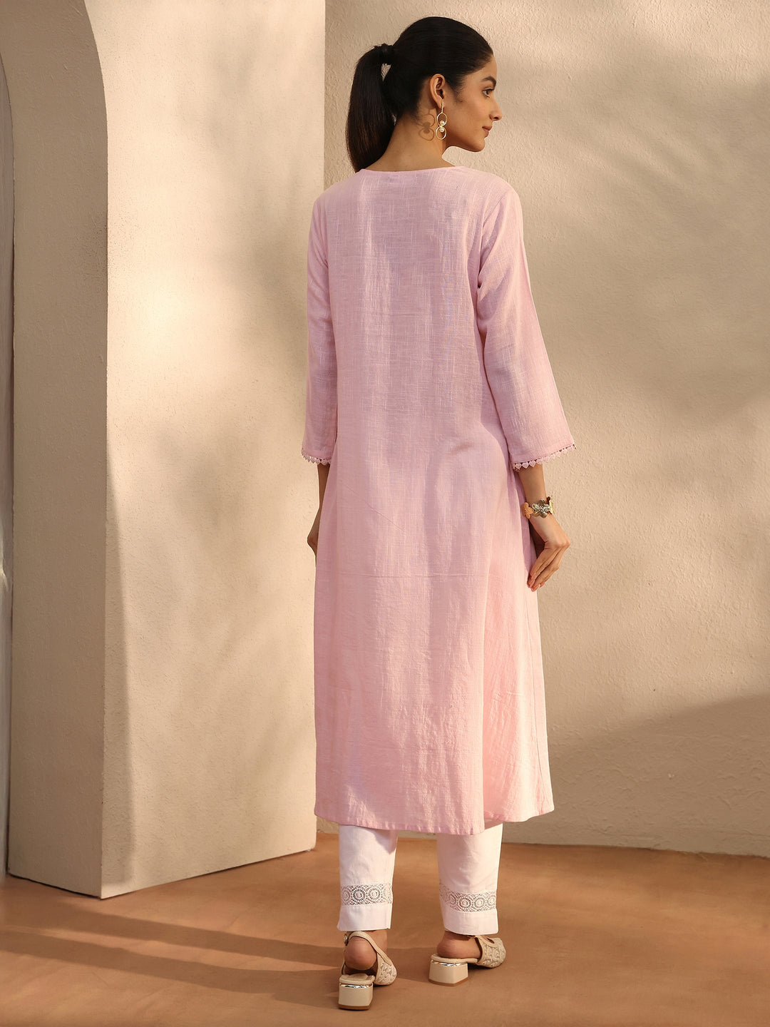 Pink Embroidered Cotton A-Line Kurta