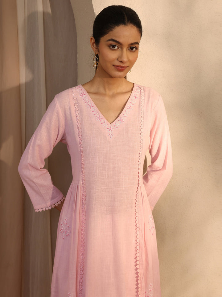 Pink Embroidered Cotton A-Line Kurta