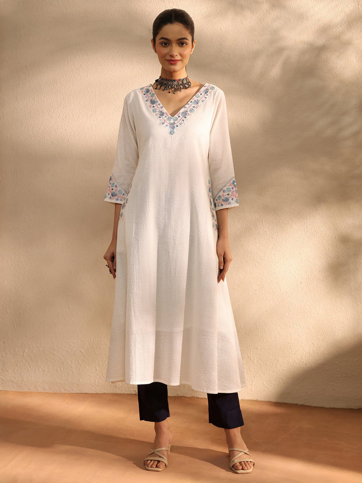 White Yoke Design Cotton A-Line Kurta