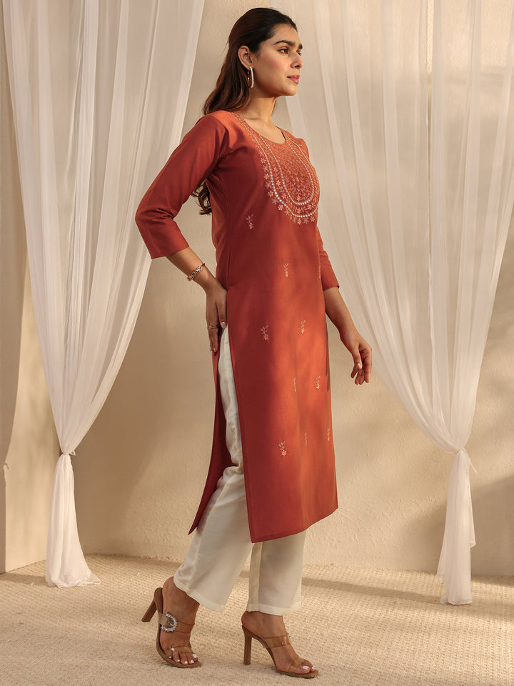 Rust Floral Embroidered Silk Blend Straight Kurta