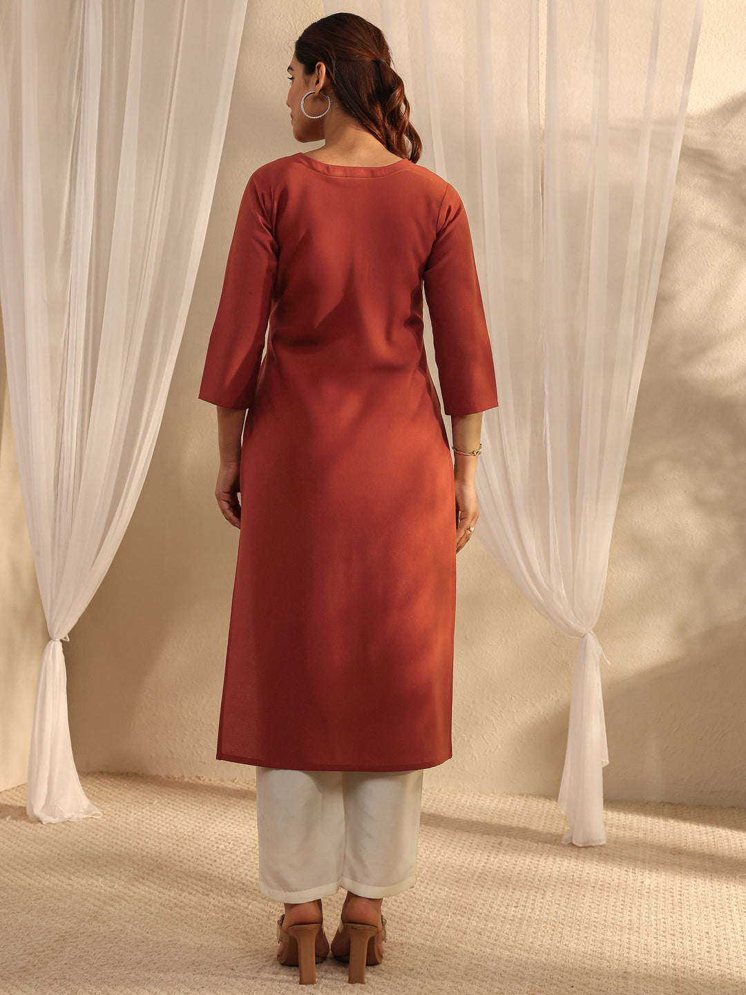 Rust Floral Embroidered Silk Blend Straight Kurta