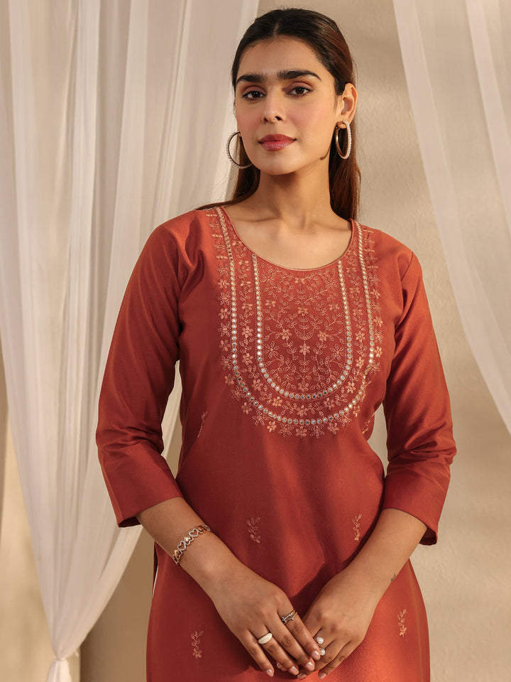 Rust Floral Embroidered Silk Blend Straight Kurta