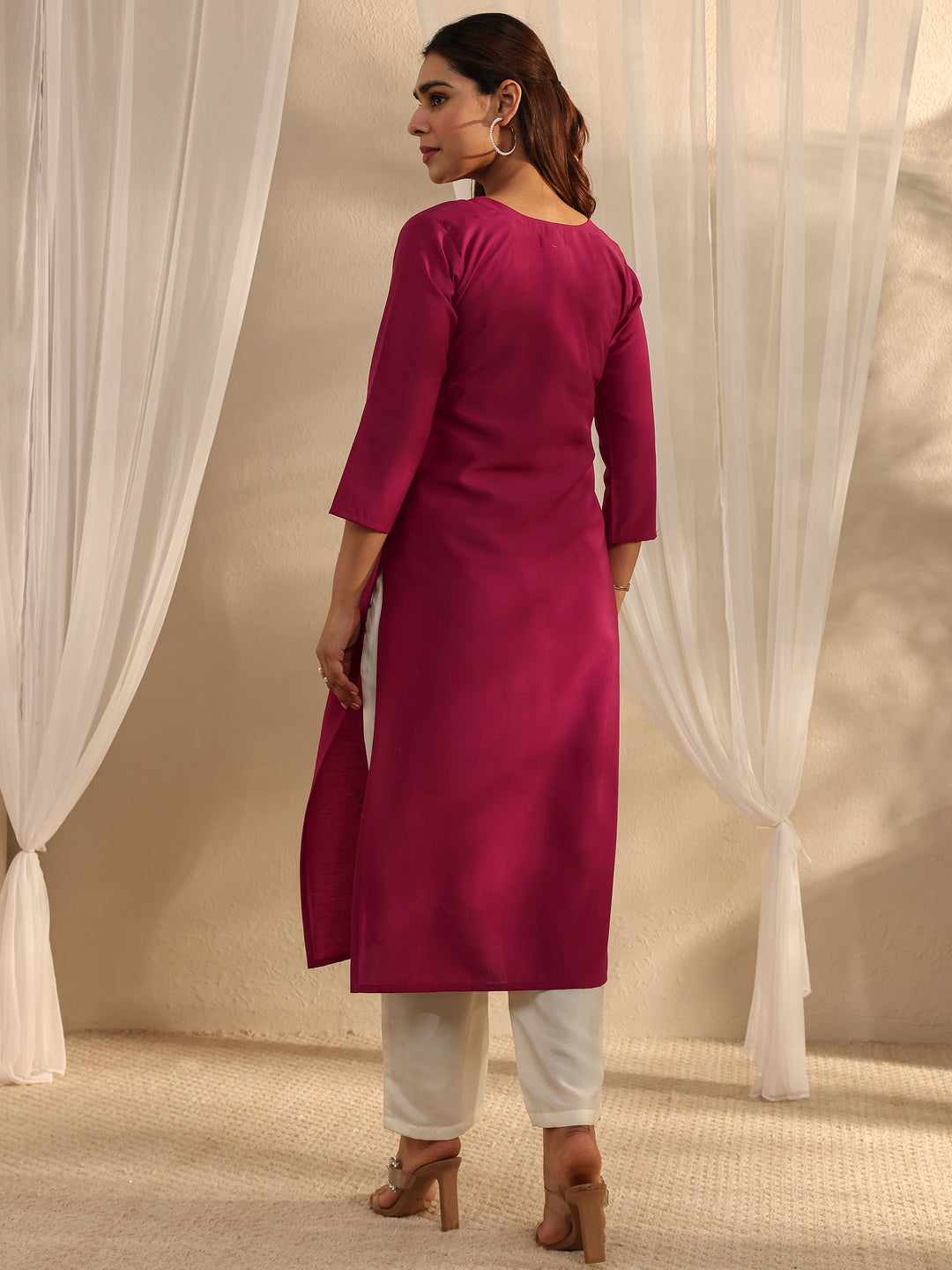 Maroon Floral Embroidered Silk Blend Straight Kurta