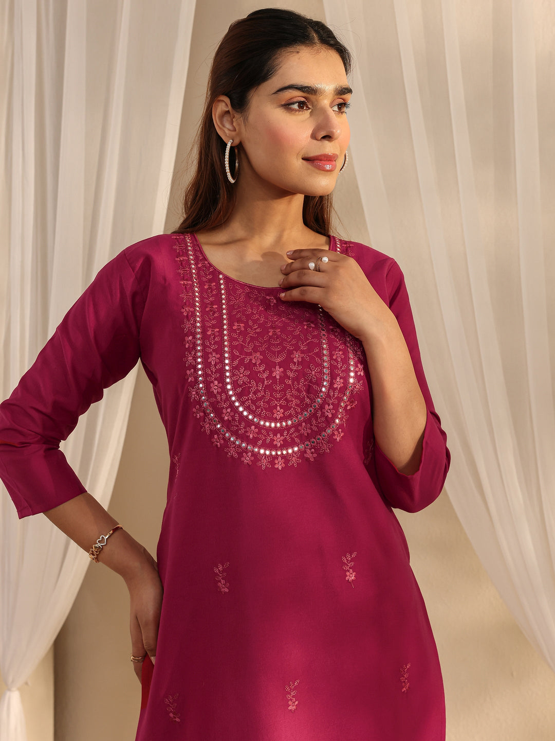 Maroon Floral Embroidered Silk Blend Straight Kurta