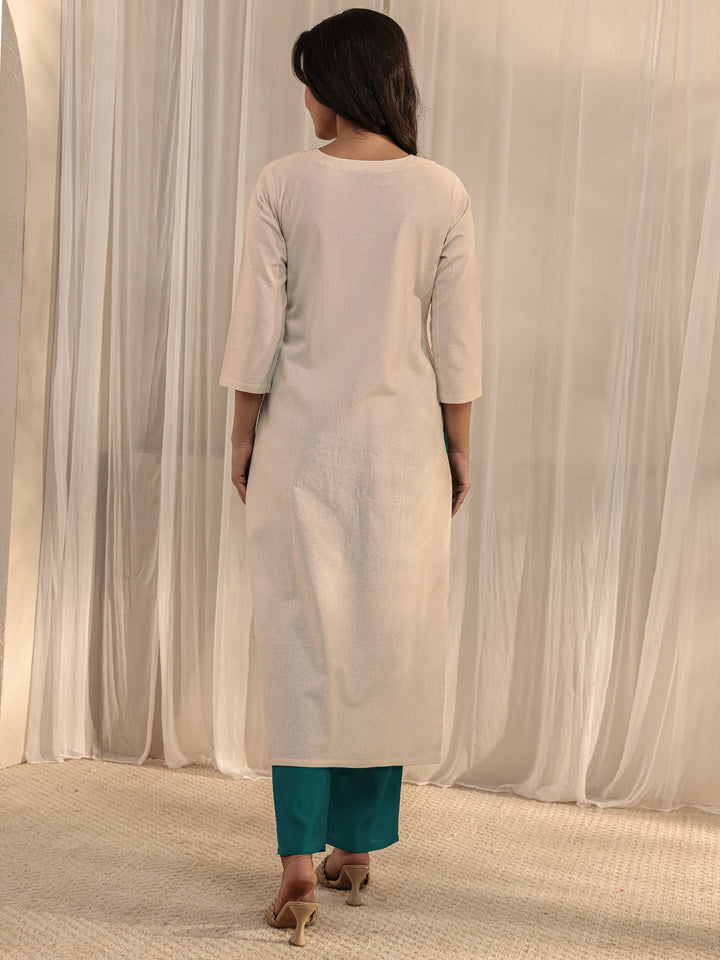 Off White Ethnic Motif Embroidered Cotton Blend Straight Kurta