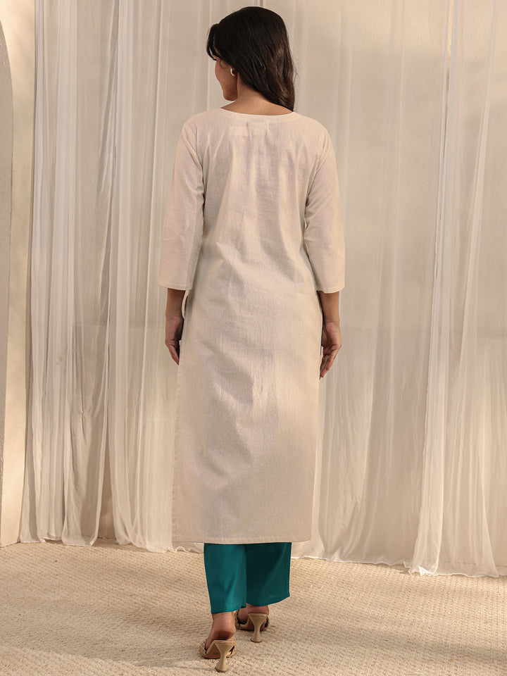 Off White Floral Embroidered Cotton Blend Straight Kurta