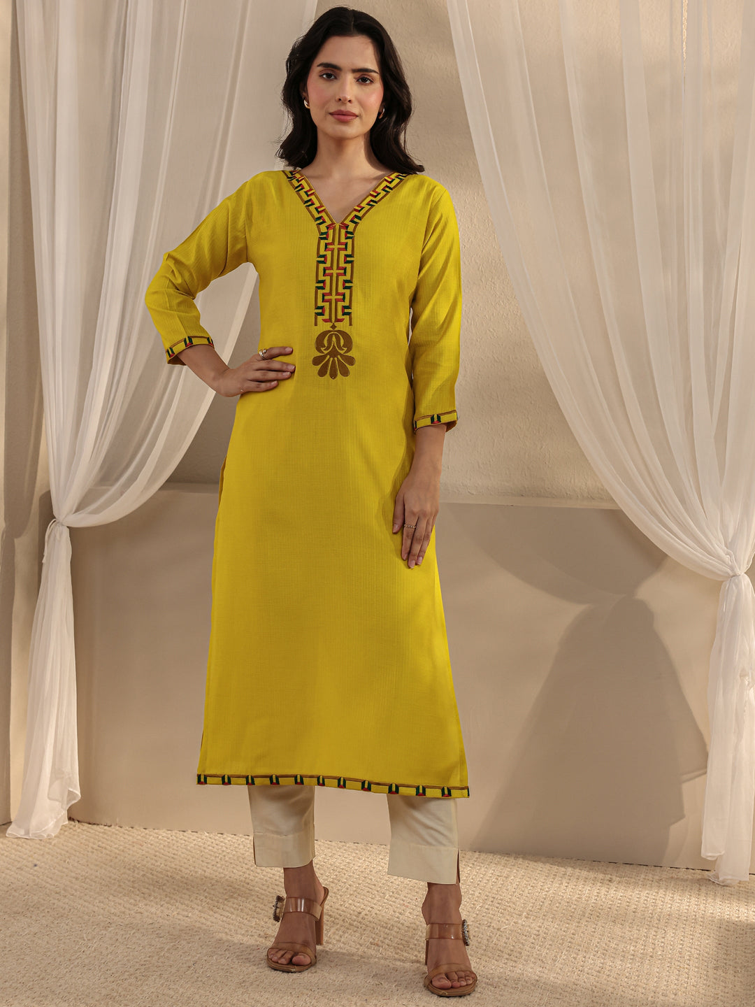 Mustard Embroidered Silk Blend Straight Kurta