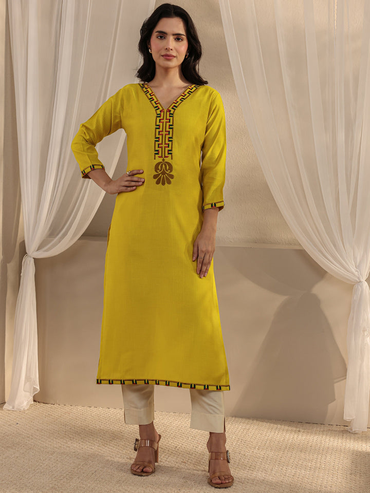 Mustard Embroidered Silk Blend Straight Kurta
