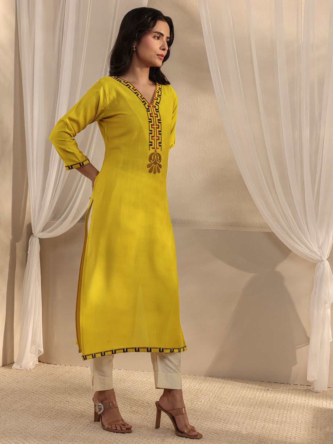 Mustard Embroidered Silk Blend Straight Kurta