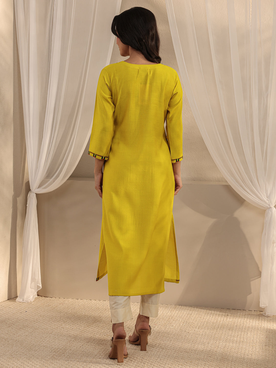 Mustard Embroidered Silk Blend Straight Kurta