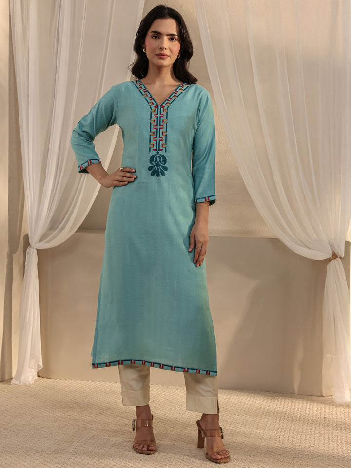 Blue Embroidered Silk Blend Straight Kurta