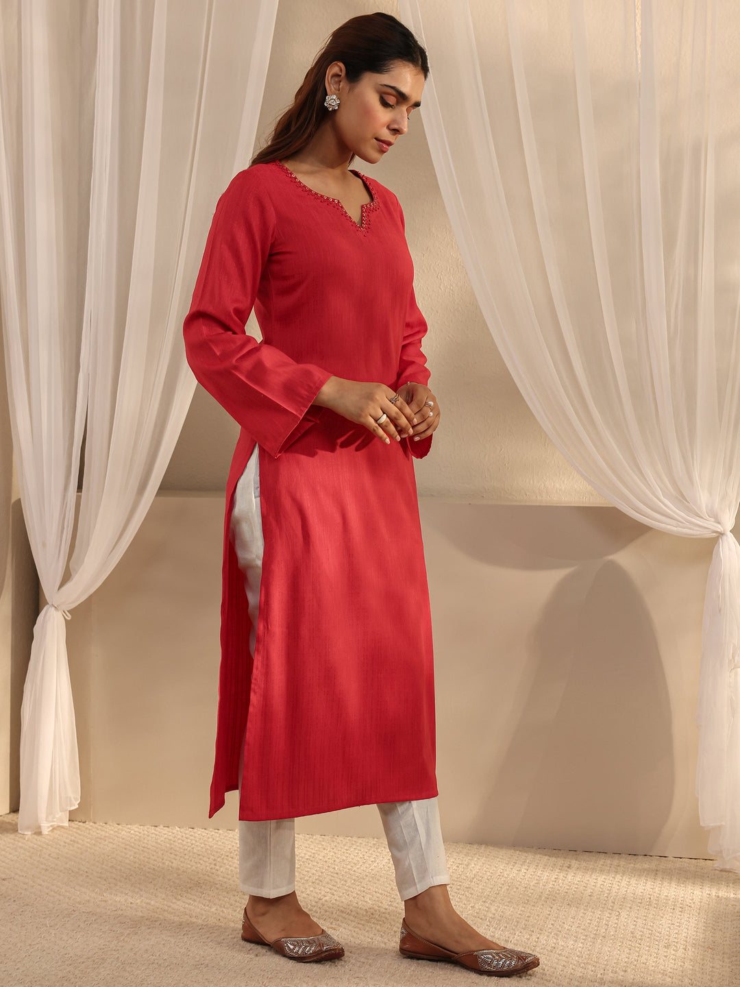 Red Solid Rayon Straight Kurta