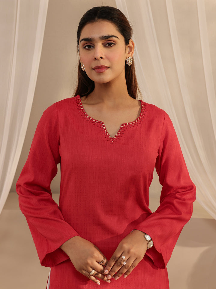 Red Solid Rayon Straight Kurta