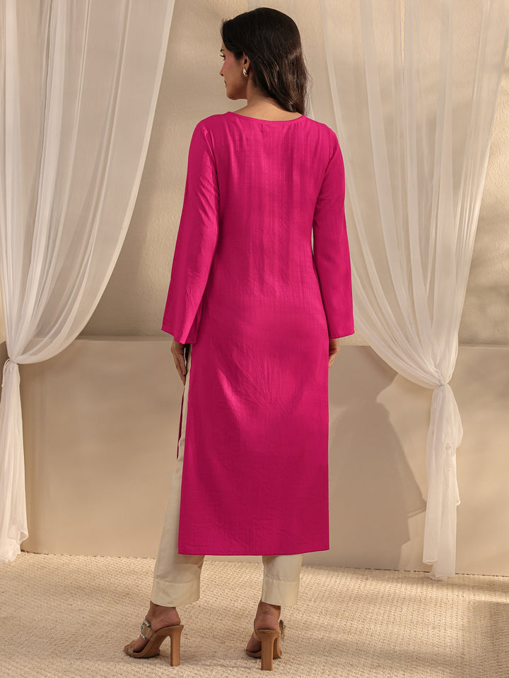 Pink Ethnic Woven Design Viscose Rayon Straight Kurta