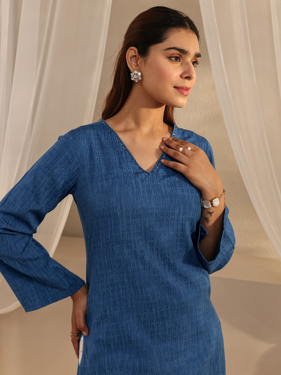 Blue Solid Rayon Straight Kurta