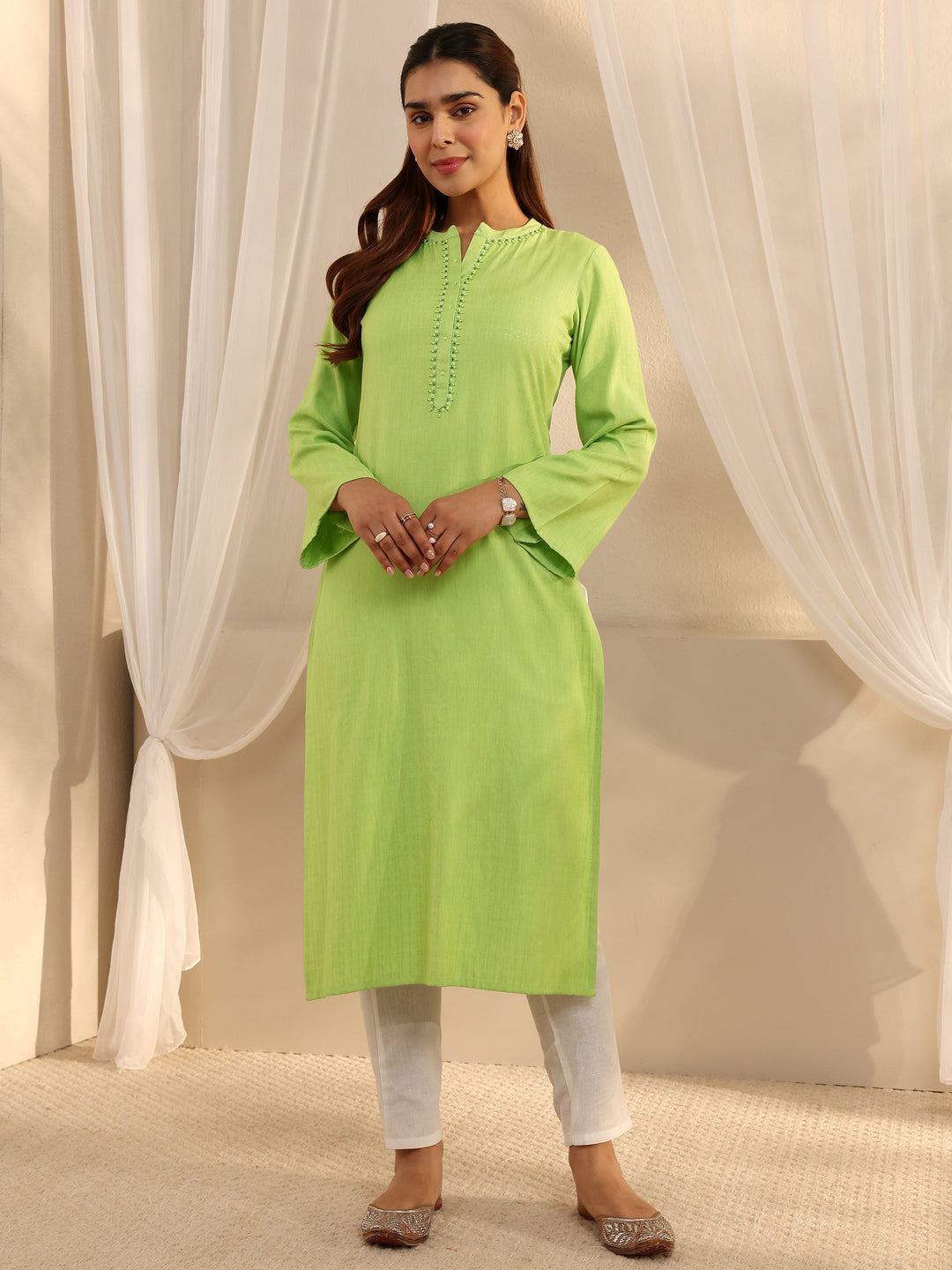 Green Solid Rayon Straight Kurta