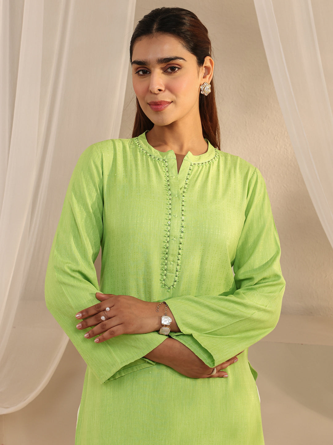 Green Solid Rayon Straight Kurta